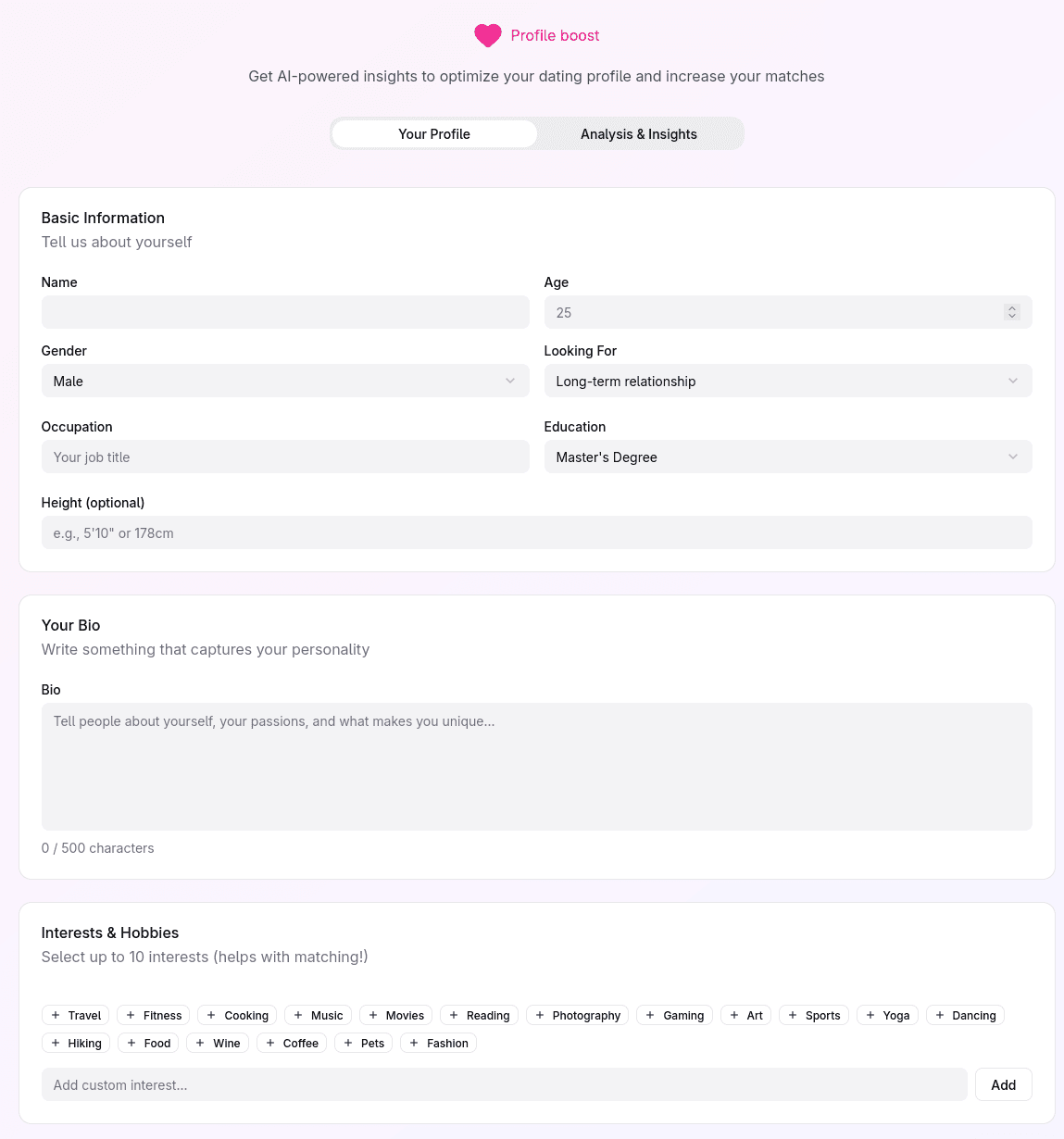 Fill your dating profile with basic information and interests